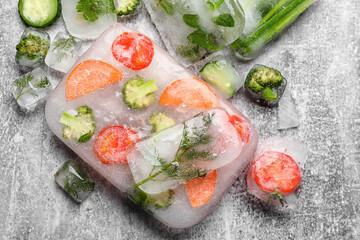 Fresh cut vegetables frozen in ice on grey background