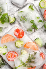 Fresh cut vegetables frozen in ice on grey background