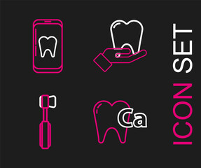 Set line Calcium for tooth, Toothbrush, and Online dental care icon. Vector