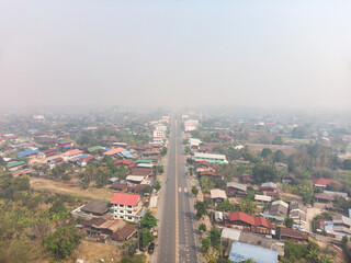 Rural Asian countryside vilage with smoke pollution problem