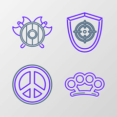 Set line Brass knuckles, Peace, Target sport and Medieval shield with crossed axes icon. Vector