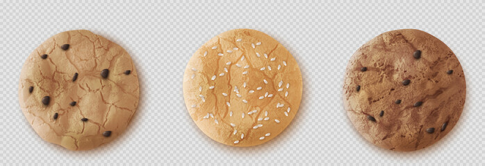 Chocolate drop cookies realistic vector top view. Crumble oatmeal biscuit with cinnamon, cocoa or sesame sprinkles isolated on white bsckground. Cracked homemade cakes