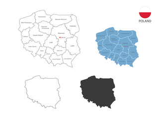 4 style of Poland map vector illustration have all province and mark the capital city of Poland. By thin black outline simplicity style and dark shadow style. Isolated on white background.