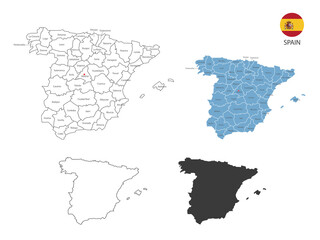 Obraz premium 4 style of Spain map vector illustration have all province and mark the capital city of Spain. By thin black outline simplicity style and dark shadow style. Isolated on white background.