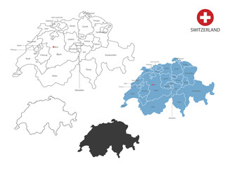 4 style of Switzerland map vector illustration have all province and mark the capital city of Switzerland. By thin black outline simplicity style and dark shadow style. Isolated on white background.