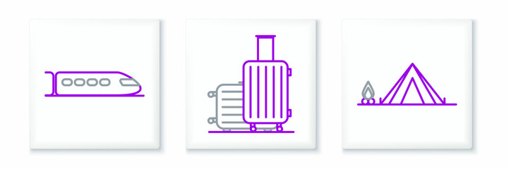 Set line Tourist tent with wood fire, Train and Suitcase for travel icon. Vector