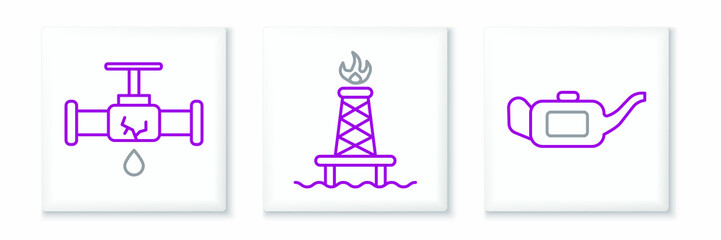 Set line Canister for motor oil, Broken pipe with leaking water and Oil rig fire icon. Vector