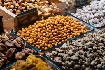 Close-up of assorted nuts on market counter