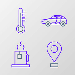 Set line Location, Cup of tea with tea bag, Car and Meteorology thermometer icon. Vector