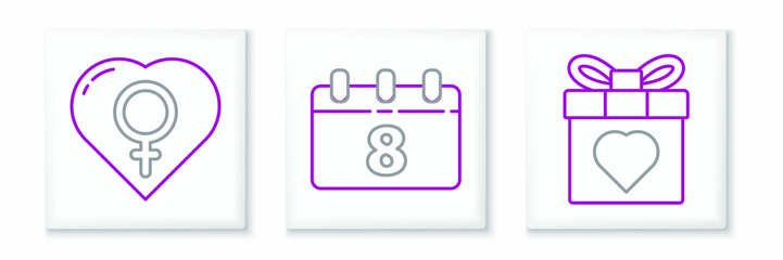 Set line Gift box and heart, Female gender in and Calendar with 8 March icon. Vector