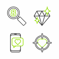 Set line Heart in the center of target aim, Online dating app and chat, Diamond and Search 8 March icon. Vector