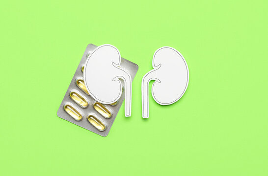 Paper kidneys with blister of pills on green background