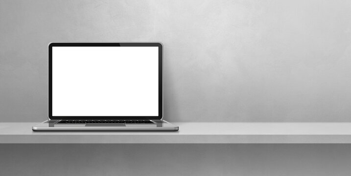 Laptop computer on grey shelf background banner