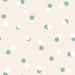 Cute Hand Drawn Textured Circles Seamless Pattern. Abstract beige pastel print with white and green paint brushstroke grunge texture. Vector crayon textured background for wrapping paper, fabric print