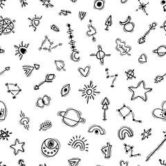 Seamless pattern with hand drawn boho elements. Tattoo. Ethnic style. Tribal background