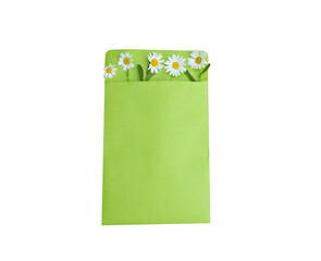 Bright green envelope with daisies. Cut out