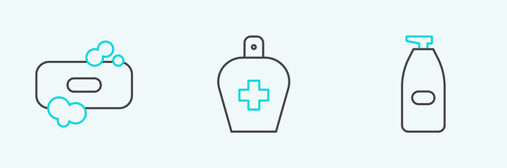 Obraz premium Set line Bottle of liquid antibacterial soap, Bar and icon. Vector
