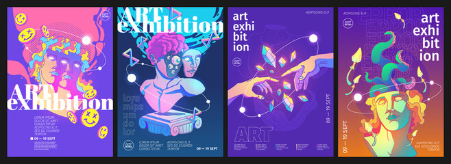 Art exhibition posters with retro acid design illustrations. Vector invitation flyers to museum or gallery with trendy contemporary background with abstract sculpture, crystals and tentacles - obrazy, fototapety, plakaty