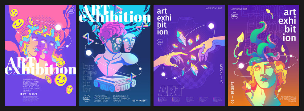 Art exhibition posters with retro acid design illustrations. Vector invitation flyers to museum or gallery with trendy contemporary background with abstract sculpture, crystals and tentacles