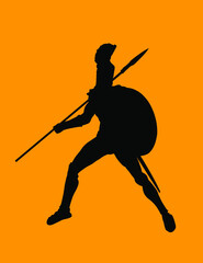 Greek hero ancient soldier Leonidas with spear and shield in battle vector silhouette illustration isolated on background. Roman legionary, brave warrior in combat. Gladiator symbol shadow.