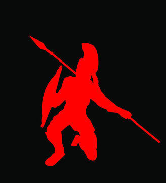 Greek hero ancient soldier Leonidas with spear and shield in battle vector silhouette illustration isolated on background. Roman legionary, brave warrior in combat. Gladiator symbol shadow.