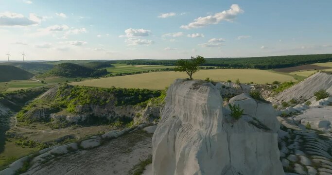 Aerial orbit footage around a cliff with a lonely tree on it with wind turbines on backgorund in quarry, fetesti, moldova