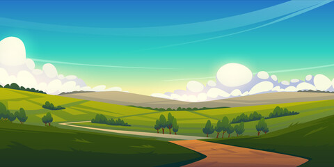 Rural landscape with green agriculture fields, path and trees. Vector cartoon panoramic illustration of summer countryside with pastures, grass and farmland, clouds on horison