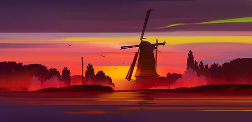Foto op Canvas geschilderd helder avondlandschap met een windmolen en zonsondergang © khius