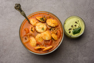 mini idli or idlies with sambar and coconut chutney- South Indian breakfast