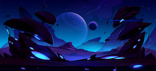 Fantastic night landscape of alien planet with rocks, flying stones and glowing blue spots. Vector cartoon fantasy illustration of cosmos and dark planet surface, panorama for space game background - obrazy, fototapety, plakaty
