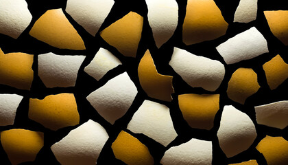 Broken eggshell pieces scattered on black background