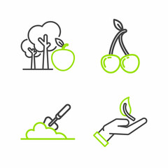 Set line Sprout in hand of environmental protection, Garden trowel spade or shovel the ground, Cherry and Tree with apple icon. Vector