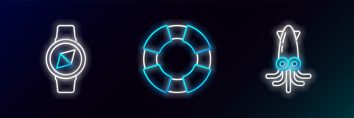 Set line Octopus, Compass and Lifebuoy icon. Glowing neon. Vector