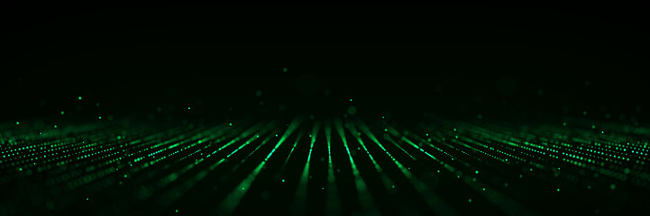 Dynamic flow of digital particles. Perspective grid with dots. Network connection structure. Big data visualization. 3D rendering.