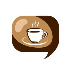 Cup coffee in speech bubble isolated icon. White cup of coffee with smoke, side view, cappuccino, americano, espresso, mocha, latte, cocoa. 