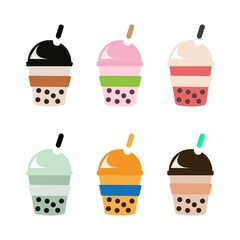 Set of various Bubble tea, Yummy drinks, coffees and soft drinks with cartoon style. Set of different Bubble tea. Milk tea with tapioca pearls. Boba tea. Asian Taiwanese drink. Cartoon style.