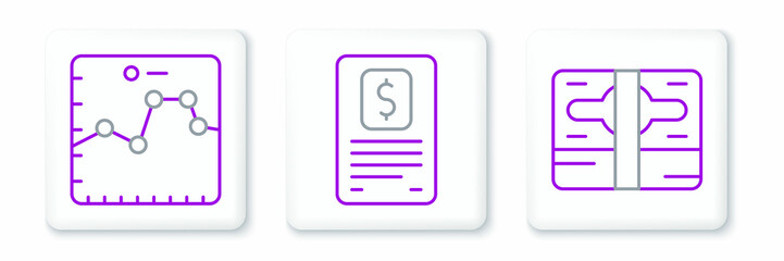 Set line Stacks paper money cash, Browser with growth graph and Business finance report icon. Vector
