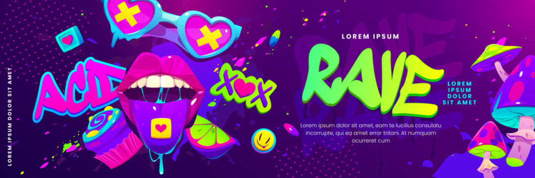 Psychedelic rave trip party banner template, mouth with tongue and drugs, mushrooms and heart shaped glasses, acid background. Vector cartoon horizontal contemporary hippie poster