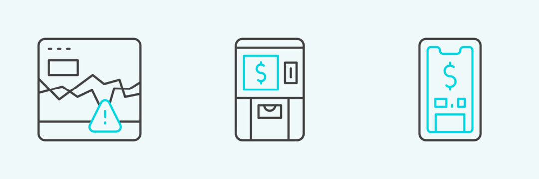 Set line Mobile with dollar, Failure stocks market and ATM and money icon. Vector
