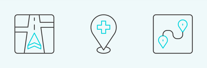 Set line Route location, Gps device with map and Medical cross icon. Vector