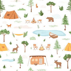 Naklejka premium Camping, tourism concept, vacation in forest, outdoor weekend. Illustration with tents, van, lake with boat, campfire. Wildlife animals moose, bear, deer, fox. Nature scene. Vector seamless pattern.