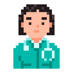 Doctor isolated on white background. Woman physician pixel game style illustration. Medic vector pixel art design. funny 8 bit people character icon.