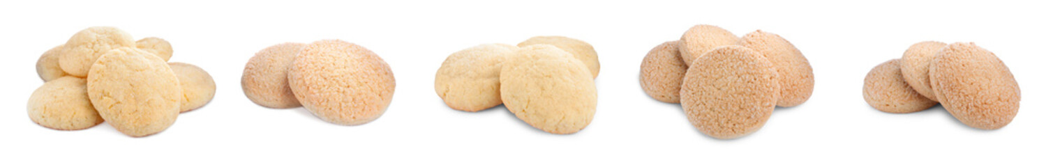 Set with tasty sugar cookies on white background. Banner design