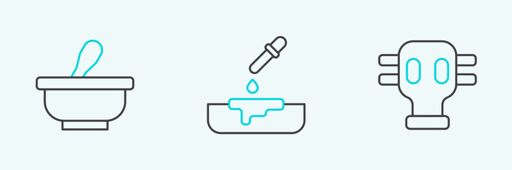 Set line Gas mask, Mortar and pestle and Petri dish with pipette icon. Vector