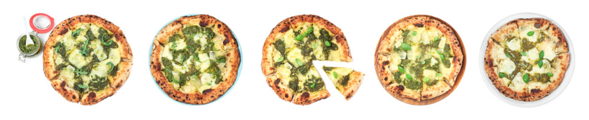 Set of delicious pizzas with pesto and cheese on white background, top view. Banner design