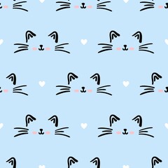 Blue cat seamless pattern. Meow and cat paws background vector illustration. Cute cartoon pastel character for nursery girl baby print.