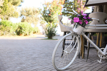 Fototapeta na wymiar Retro bicycle with flowers in basket on outdoor terrace