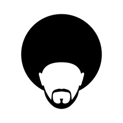 The icon is a man with an Afro hairstyle. Black silhouette of a head with a voluminous hairstyle, mustache and beard. Vector illustration isolated on a white background for design and web.