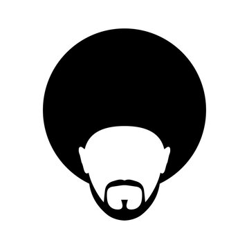 The icon is a man with an Afro hairstyle. Black silhouette of a head with a voluminous hairstyle, mustache and beard. Vector illustration isolated on a white background for design and web.