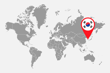 Pin map with South Korea flag on world map. Vector illustration.